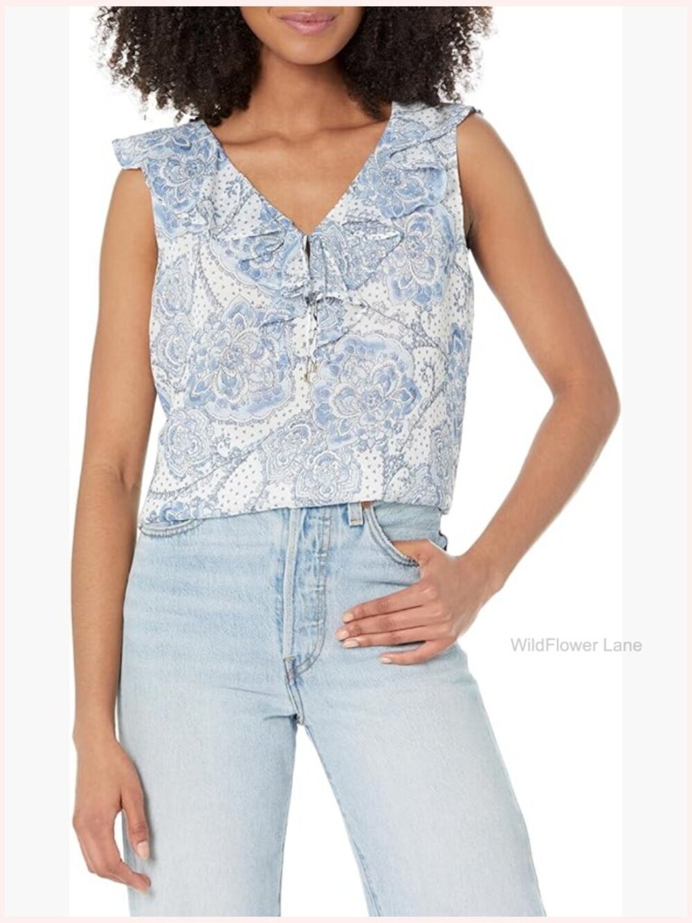 Sleeveless Printed Chiffon Tank Top with Ruffle Neck